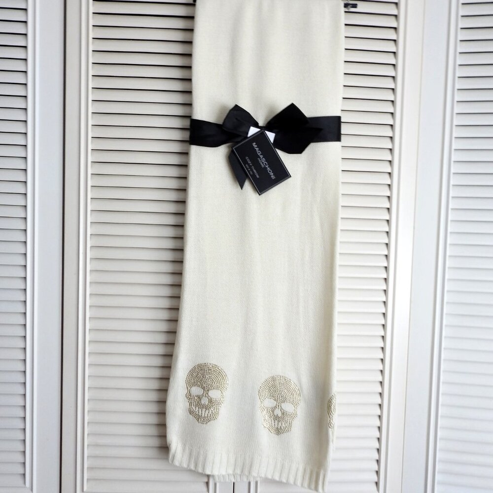 NWT Quiet Luxury Acrylic Off-White Knitted Throw Blanket Gold Rhinestone Skulls